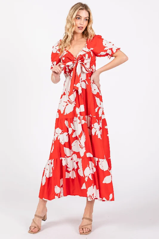 ladies-maxi-dress-party-petal-Red Floral Smocked Knotted Top Maxi Dress