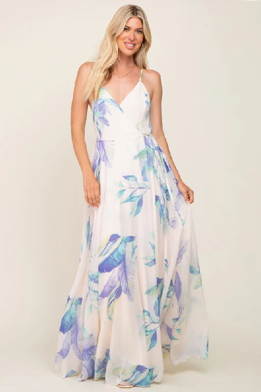 ladies-maxi-dress-tiktok-twirl-Lavender Feather Printed Chiffon Wrap Front Maxi Dress