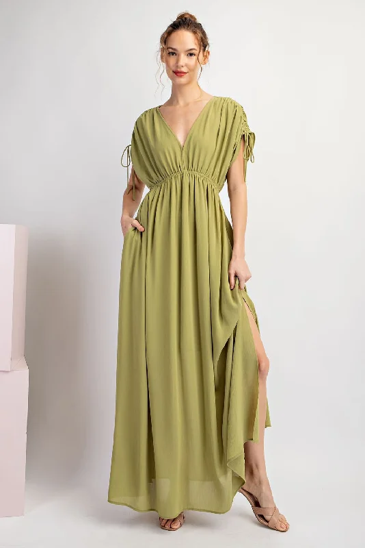 ladies-maxi-dress-sequin-sparkle-Light Olive V-Neck Drawstring Short Sleeve Side Slit Maxi Dress