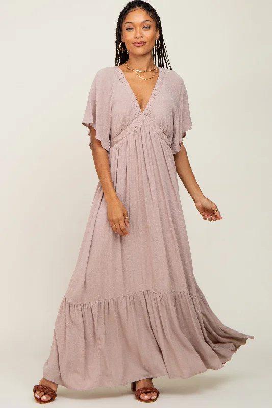 ladies-maxi-dress-zip-front-zest-Taupe V-Neck Flounce Sleeve Maxi Dress