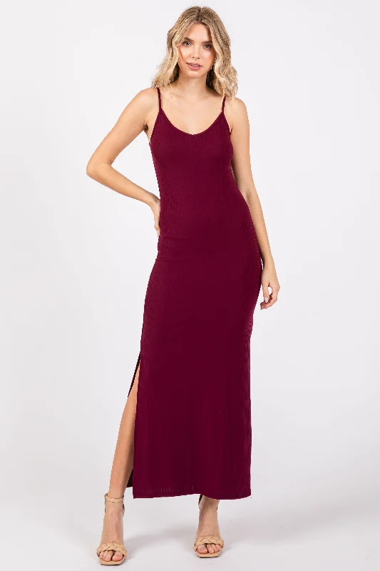 ladies-maxi-dress-cap-sleeve-cool-Burgundy Ribbed Side Slit Maxi Dress