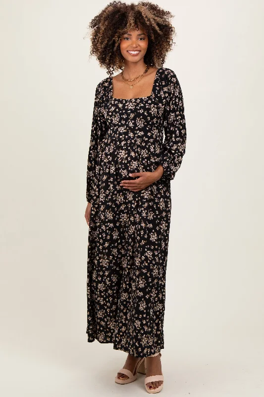 ladies-maxi-dress-work-to-whimsy-Black Floral Square Neck Long Sleeve Maternity Maxi Dress