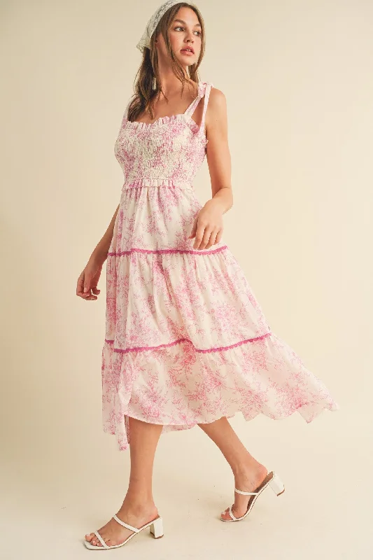 Women's midi dress spry glow -Pink Floral Sleeveless Ruffle Tiered Midi Dress