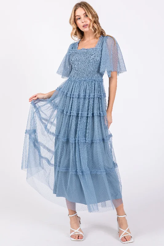 ladies-maxi-dress-sleeveless-sweep-Blue Ruffled Mesh Maxi Dress