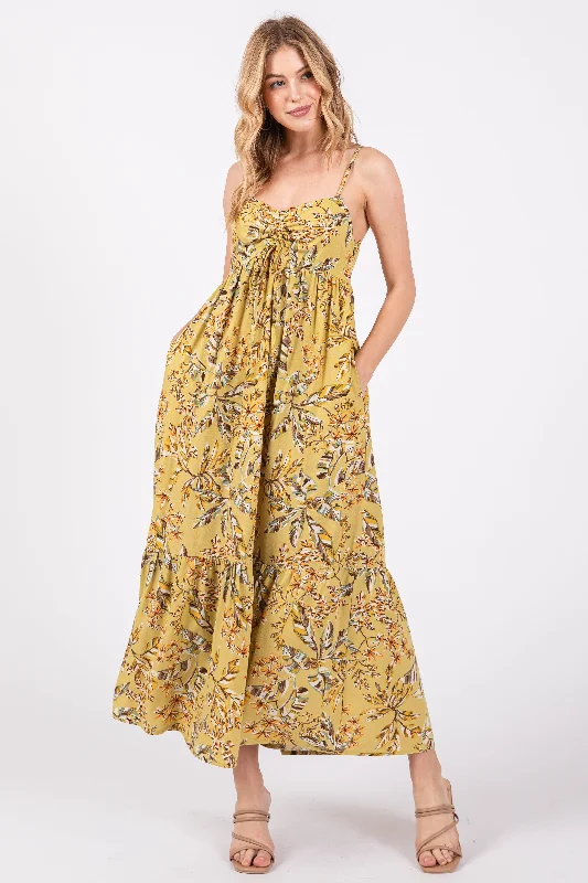 Women's midi dress leaf flair -Lime Floral Sleeveless Front Cinched Midi Dress