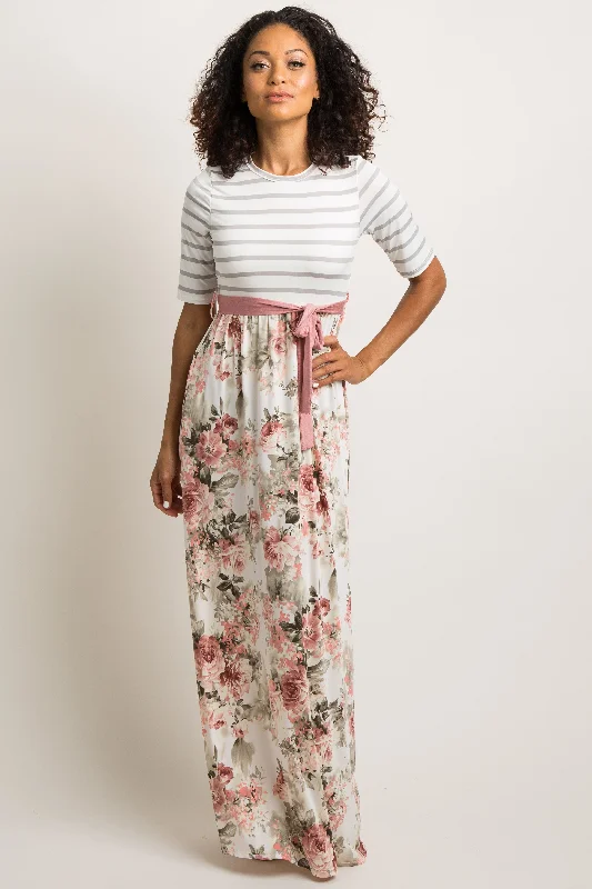 ladies-maxi-dress-preppy-poise-Ivory Striped Colorblock Floral Maxi Dress