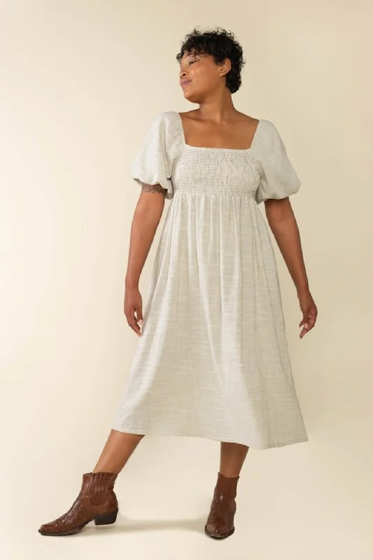 Women's midi dress roar glow -Ivory Striped Linen Smocked Short Puff Sleeve Plus Midi Dress