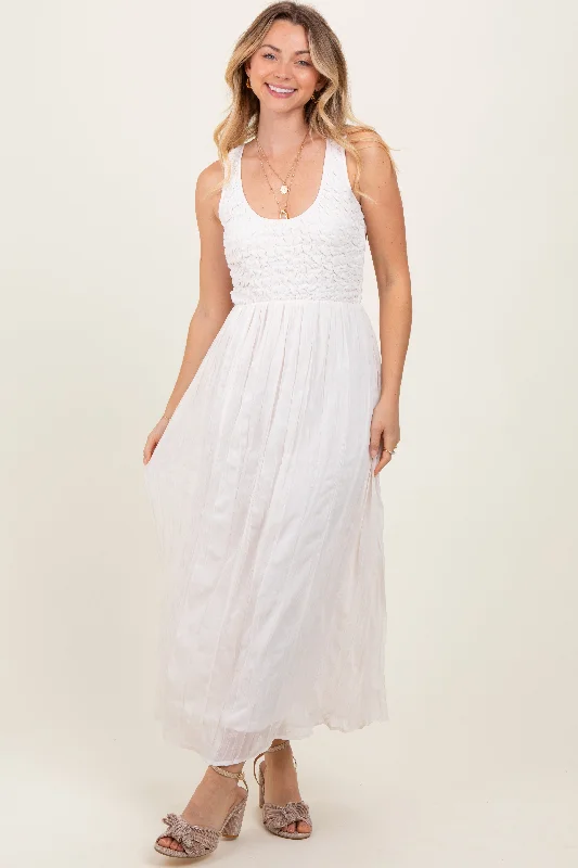 ladies-maxi-dress-everyday-elegance-Ivory Textured Smocked Bodice Sleeveless Maxi Dress