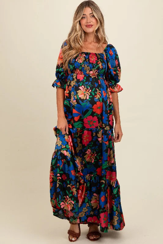 ladies-maxi-dress-plus-size-prance-Black Floral Satin Smocked Tiered Maternity Maxi Dress