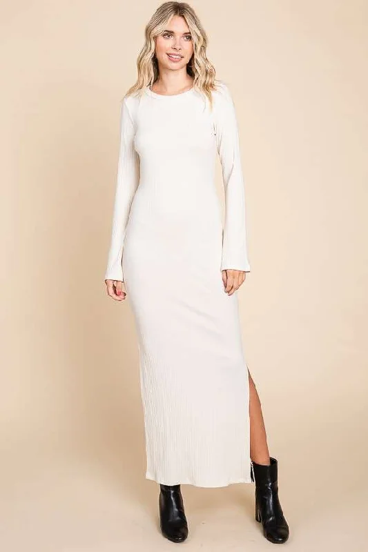 ladies-maxi-dress-halter-haze-Cream Ribbed Side Slit Maxi Dress