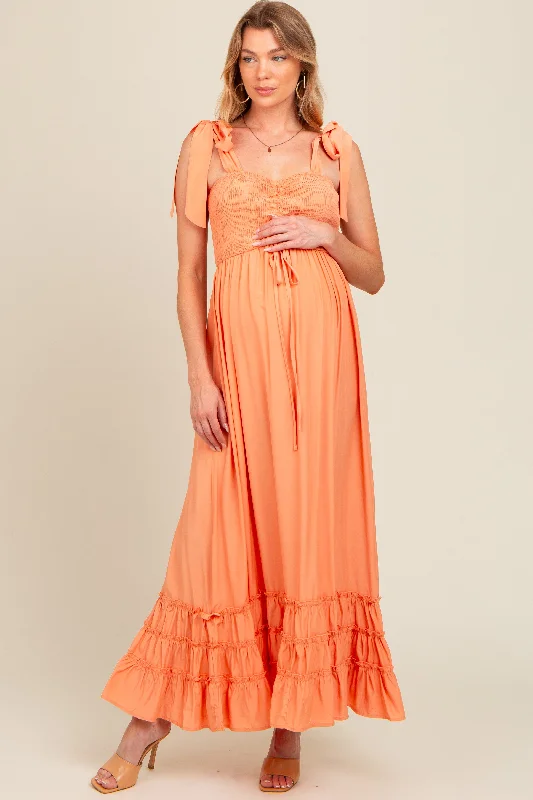 ladies-maxi-dress-sequin-sparkle-Orange Sweetheart Neck Smocked Shoulder Tie Maternity Maxi Dress