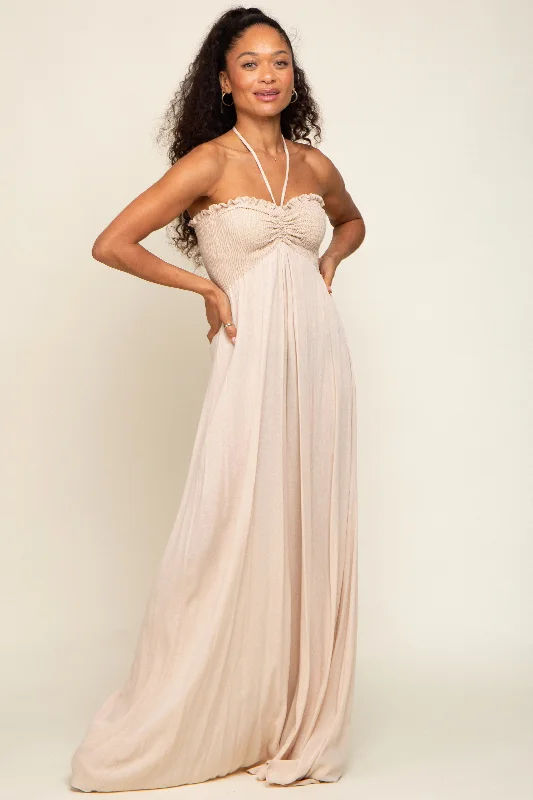 ladies-maxi-dress-mesh-muse-Beige Smocked Halter Maxi Dress