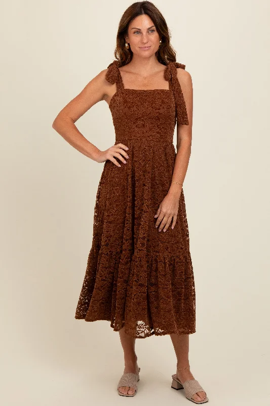 Women's midi dress dawn pop -Brown Lace Shoulder Tie Ruffle Hem Midi Dress