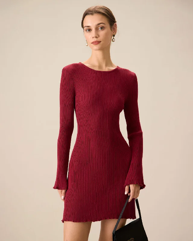 ladies-bodycon-dress-winter-warmth-Women's Red Bell Sleeve Bodycon Sweater Dress | Wine Red