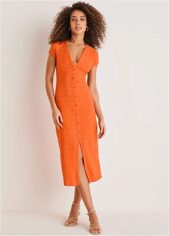 Women's midi dress roar glow -Linen Midi Dress - Orange