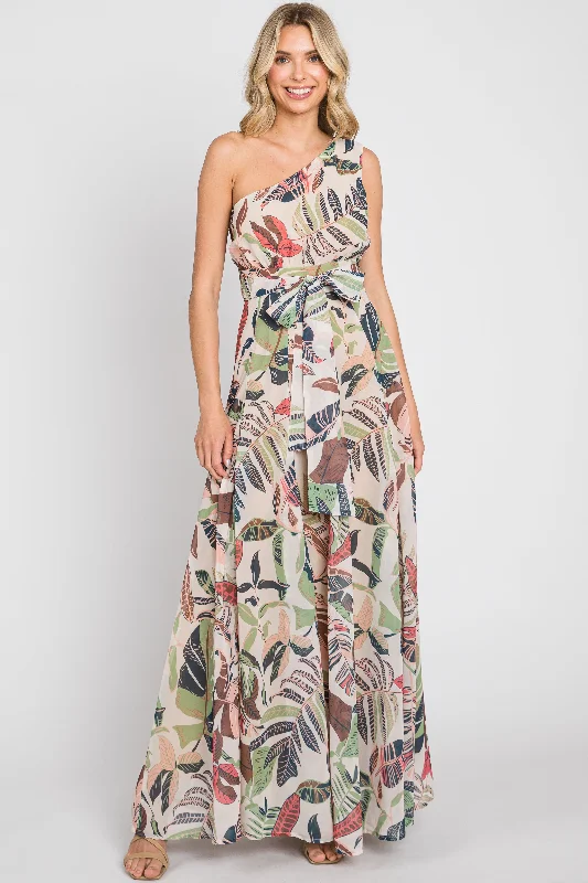 ladies-maxi-dress-yellow-yield-Taupe Leaf Print Chiffon One Shoulder A-Line Waist Tie Maxi Dress