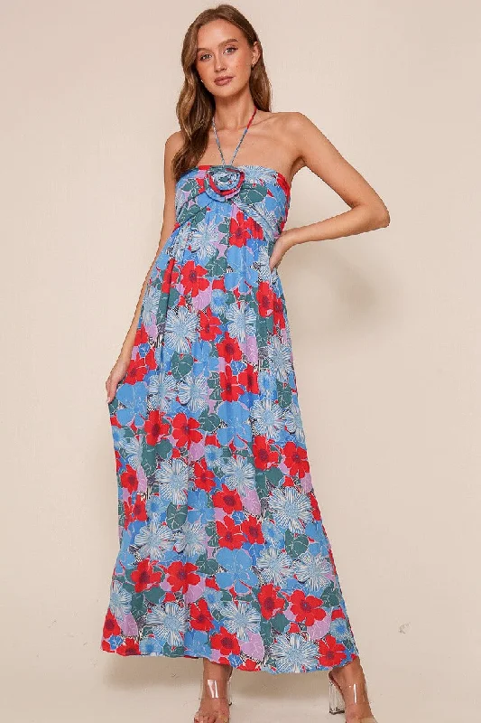 ladies-maxi-dress-embroidered-essence-Blue Floral Halter Maxi Dress