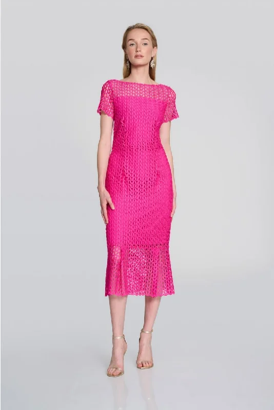 Women's party dress rim pop -Joseph Ribkoff Shocking Pink Short Sleeve Lace Party Midi Trumpet Dress 242704