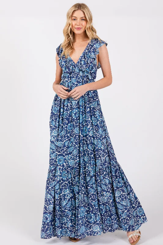 ladies-maxi-dress-amber-awe-Blue Abstract Floral Ruffle Accent Maxi Dress