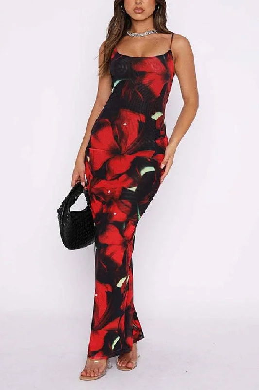 ladies-bodycon-dress-knit-kick-U Neck Hibiscus Print Bodycon Maxi Cami Dress