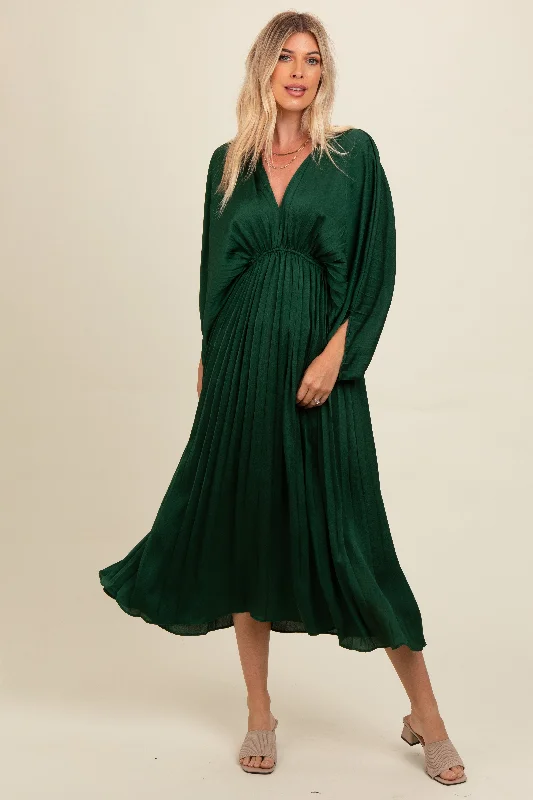 ladies-maxi-dress-sepia-sweep-Forest Green Satin Pleated V-Neck Maxi Dress