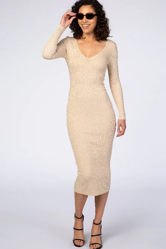 ladies-maxi-dress-loose-luster-Taupe V-Neck Long Sleeve Fitted Maxi Dress