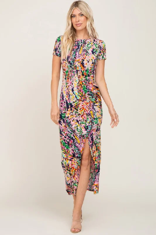 ladies-maxi-dress-cerulean-cool-Navy Multi-Color Floral Side Slit Maxi Dress