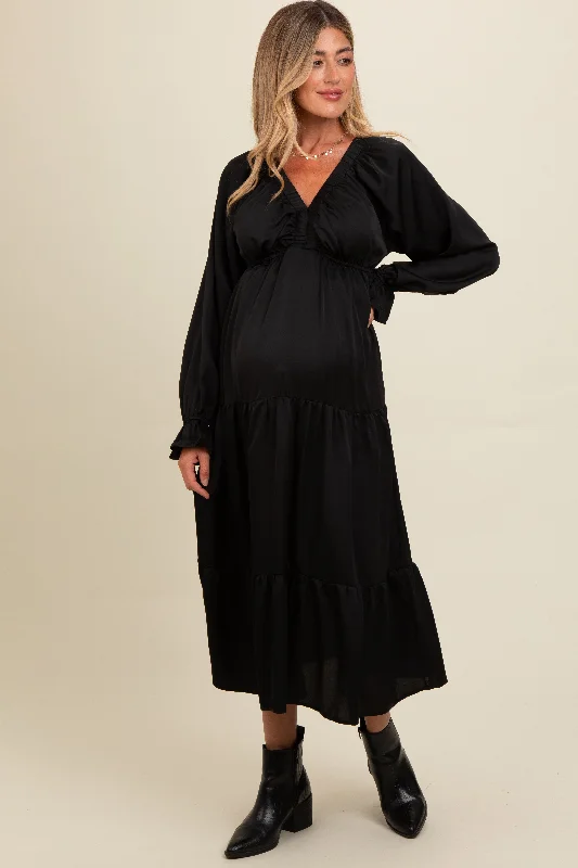 ladies-maxi-dress-high-neck-hush-Black Satin V-Neck Tiered Maternity Maxi Dress