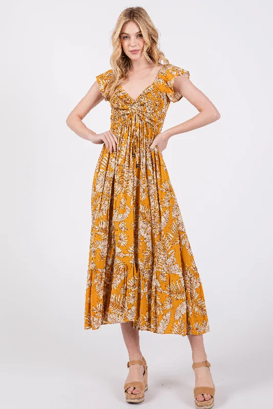 ladies-maxi-dress-tall-tide-Yellow Tropical Print Smocked Short Sleeve Maxi Dress