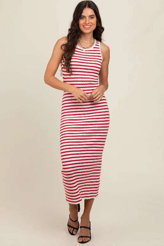 Women's midi dress drift flair -Red Sleeveless Round Neck Striped Rib Sweater Midi Dress