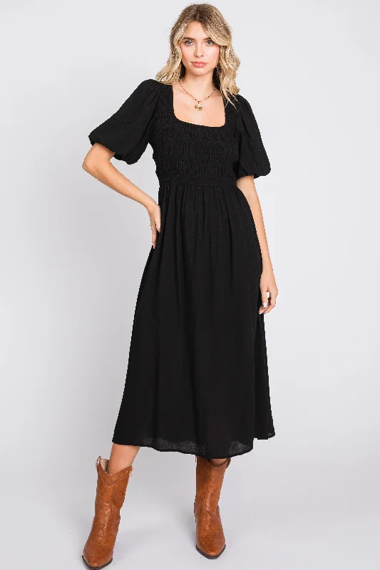 Women's midi dress free flair -Black Square Neck Midi Dress