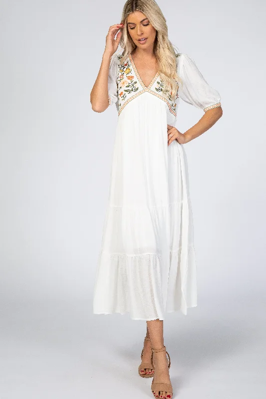 Women's midi dress ray chic -Ivory Floral Embroidered Midi Dress