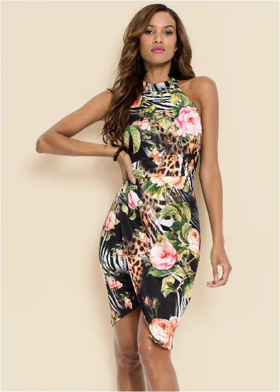 ladies-bodycon-dress-seasonal-snap-Printed Bodycon Dress - Black Multi