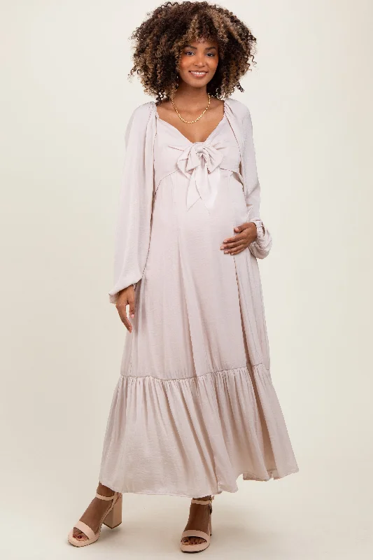 ladies-maxi-dress-festival-fawn-Beige Bow Satin Maternity Maxi Dress