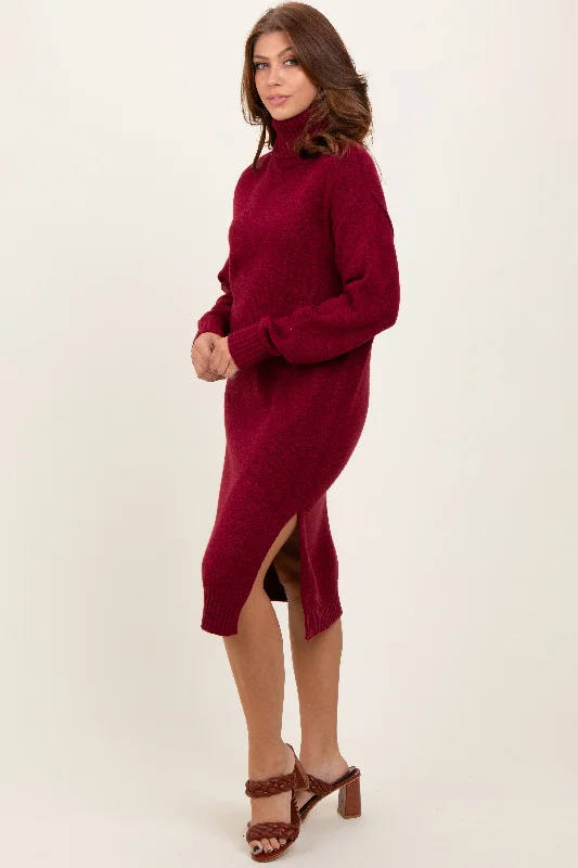 Women's midi dress airy chic -Burgundy Turtleneck Side Slit Midi Sweater Dress