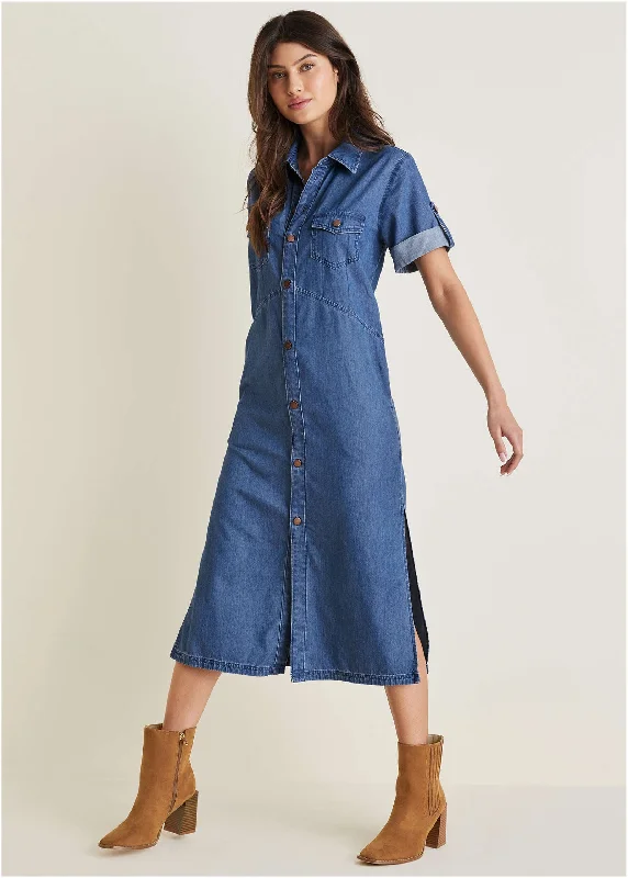 Women's midi dress bond pop -Denim Midi Shirt Dress - Medium Wash