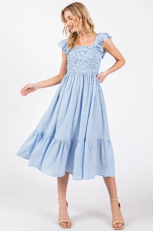 Women's midi dress bell glow -Light Blue Striped Flutter Sleeve Midi Dress