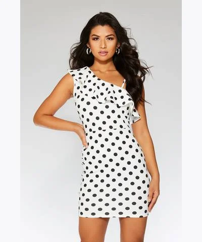 ladies-bodycon-dress-night-out-nerve-Polka Dot One Shoulder Bodycon Dress White