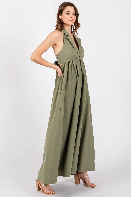 ladies-maxi-dress-70s-sunset-Light Olive Collared Halter Back Tie Maxi Dress