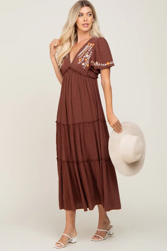 ladies-maxi-dress-sepia-sweep-Brown Embroidered Tiered Maxi Dress