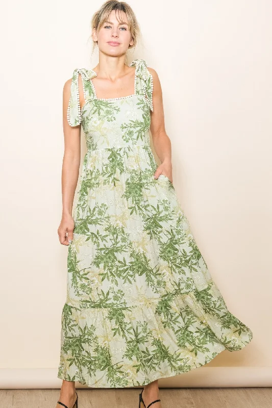 ladies-maxi-dress-pink-petal-Green Crochet Trim Floral Maxi Dress