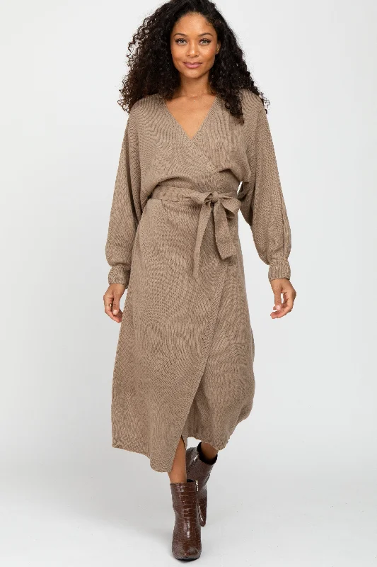 Women's midi dress warm chic -Mocha Wrap Sweater Knit Midi Dress