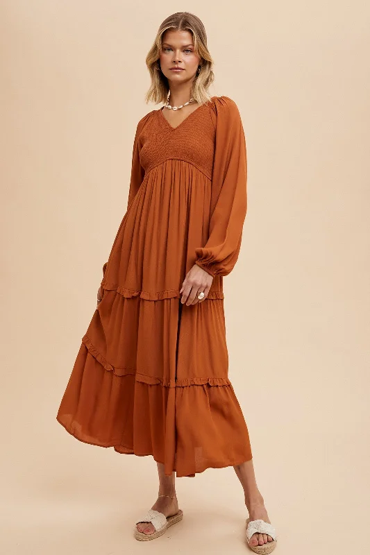 Women's midi dress star glow -Camel Smocked Tiered Midi Dress