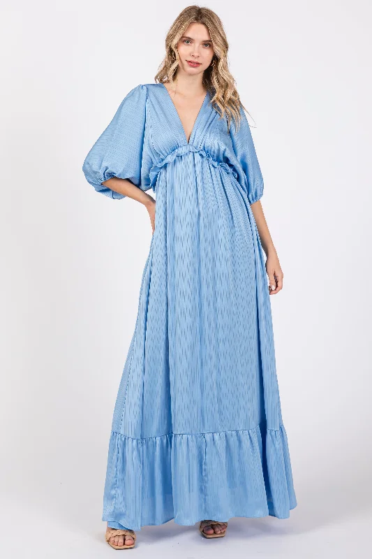 ladies-maxi-dress-elastic-essence-Light Blue Striped Ruffle Accent Maxi Dress