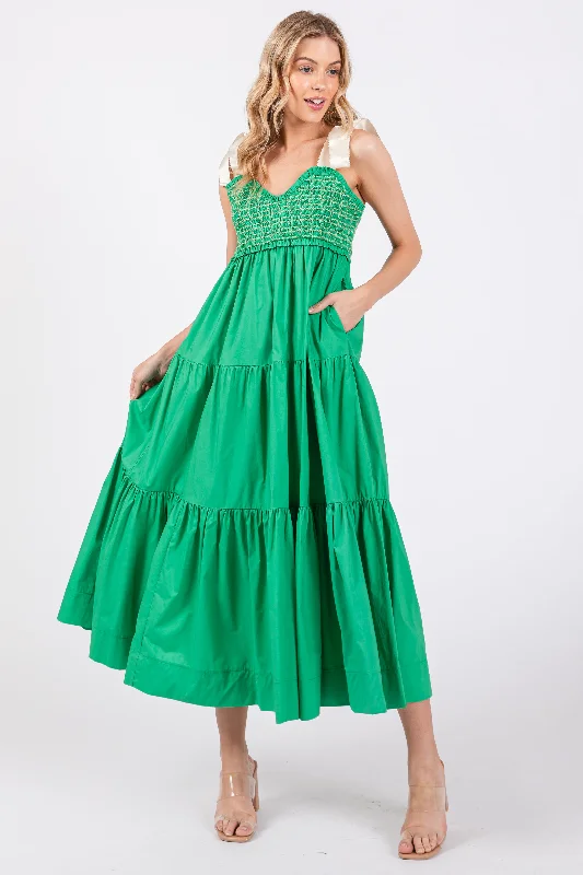 ladies-maxi-dress-lace-luminance-Green Ribbon Strap Tiered Maxi Dress