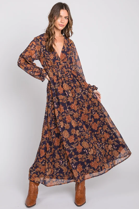 ladies-maxi-dress-office-opulence-Navy Floral Long Sleeve V-Neck Maxi Dress