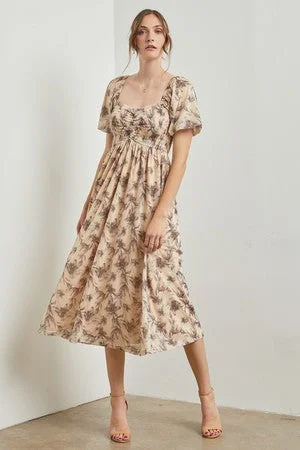 Women's midi dress break glow -Cream Floral Smocked Short Puff Sleeve  Midi Dress