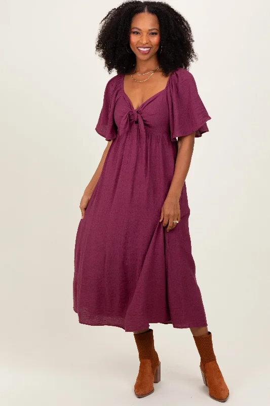 Women's midi dress bell glow -Plum Front Tie Ruffle Sleeve Midi Dress