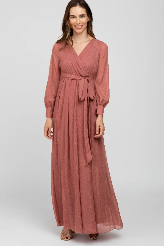 ladies-maxi-dress-elegant-ember-Pink Metallic Chiffon Maxi Dress