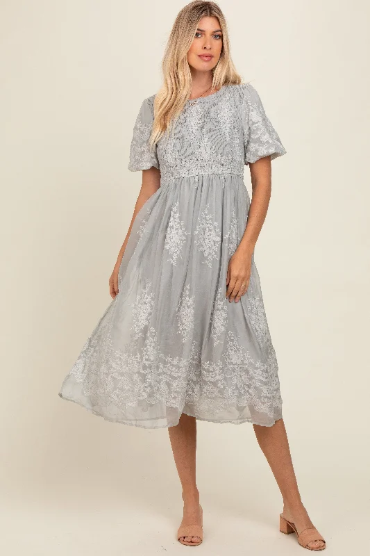 Women's midi dress peak chic -Grey Floral Lace Smocked Midi Dress